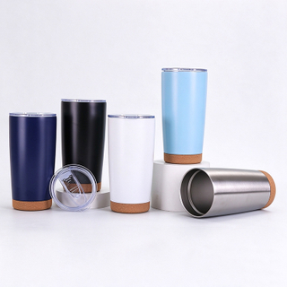 20 oz Double-Wall Stainless Steel Tumbler with Cork Bottom and Clear Sliding Lid, Insulated Travel Cup for Car, Office & Daily Use