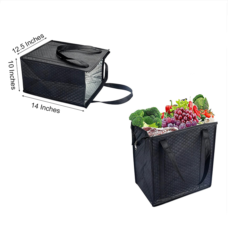 Custom Imprint Portable Recycled Non-Woven Insulated Cooler Grocery Tote Bag with Front Pocket, Zipper Closure and 20" Handles