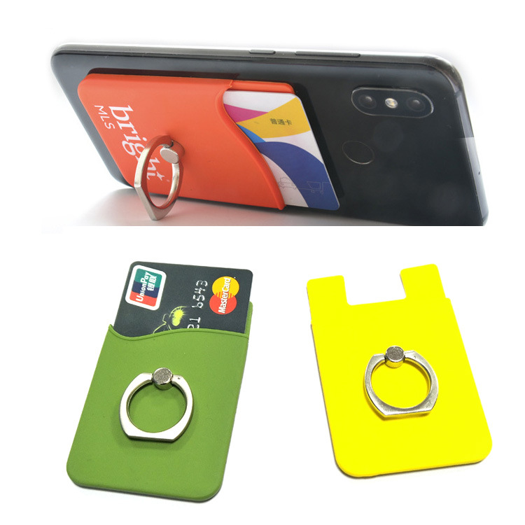 Custom PU & Silicone Phone Card Holder with Ring Stand, Adhesive Wallet with Card Slot & 360 degree Ring Stand for Smartphones