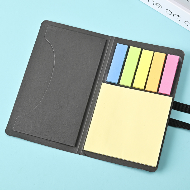 Custom Sticky Note Booklet with Elastic Closure, Self-Adhesive Memo Pad, Colorful Page Flags and Built-In Business Card Pocket