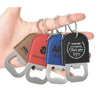 Custom Leather Wrapped Stainless Steel Bottle Opener Keychain with Split Ring, Custom Logo Promotional Beer Opener Keychain