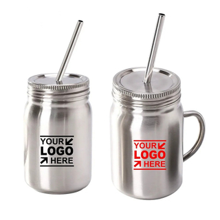 15oz Stainless Steel Mason Jar Insulated Tumbler with Handle and Straight Straw, Double Wall Vacuum Insulated Drinking Cup