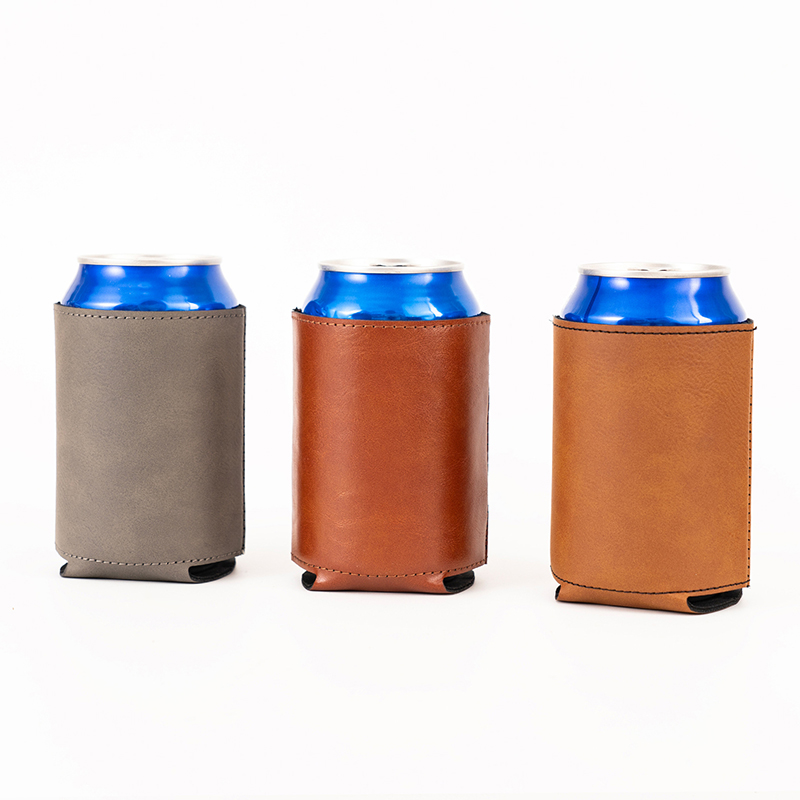 Premium 12oz Collapsible PU Leather Drink Bottle Sleeve Can Cooler, Custom Foldable Berverage Holder for Standard Cans & Bottles