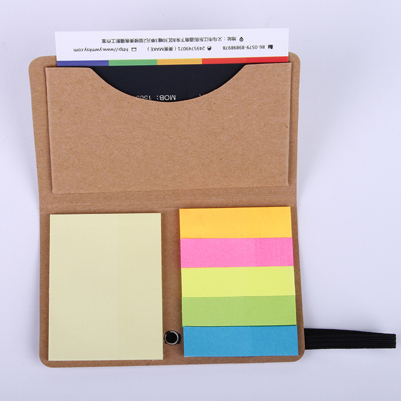 Custom Sticky Note Booklet with Elastic Closure, Self-Adhesive Memo Pad, Colorful Page Flags and Built-In Business Card Pocket