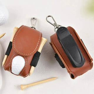 Portable PU Leather Golf Ball Holder with Hanging Clip & Rotating Belt Clip, Magnetic Closure, Holds 2 Balls & Tees