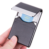 Compact Slim Vertical Business Card Holder Featuring A Stainless Steel Frame with Textured Leather Exterior, Easy To Access.