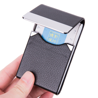 Compact Slim Vertical Business Card Holder Featuring A Stainless Steel Frame with Textured Leather Exterior, Easy To Access.