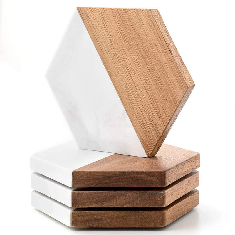 Acacia Wood & Marble Hexagon Coasters Set of 4pcs for Drinks Decorative Coasters Bar Coasters for Coffee Cup Beer Mug, Home Decor