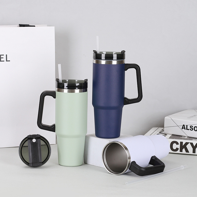 30oz Travel Mug Tumbler With Handle and Straw & Lid, Double Wall Vacuum 304 Stainless Steel Insulated Water Bottle Travel Tumbler