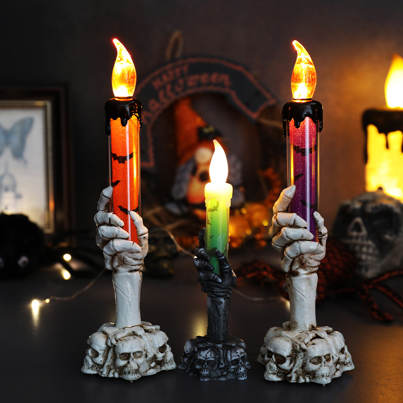 Halloween Skull Candle Holder Light, Skeleton Ghost Hand Flameless Candle Lamp for Indoor Party Bar Home Halloween Decoration