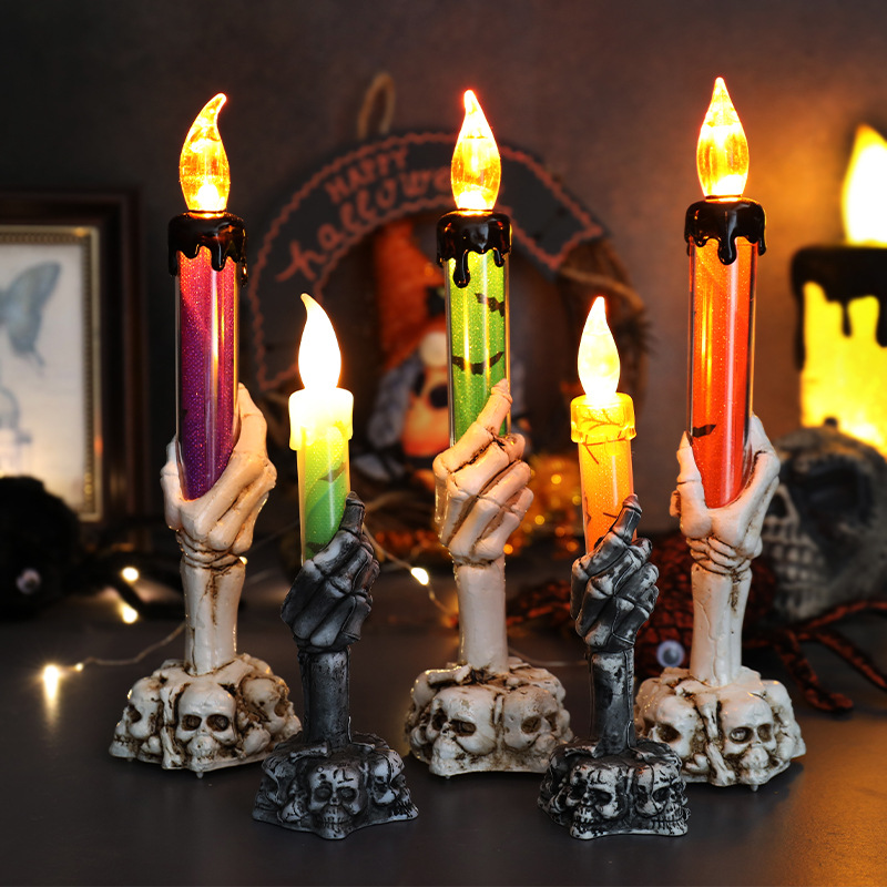 Halloween Skull Candle Holder Light, Skeleton Ghost Hand Flameless Candle Lamp for Indoor Party Bar Home Halloween Decoration