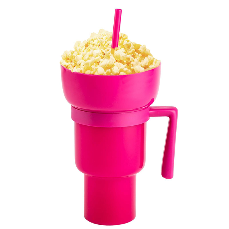 Square Beverage Cola Cinema 2-in-1 Snack & Drink Cup Plastic Popcorn Cup with Snack Tray Bowl Straw for One-Handed On-The-Go Usage