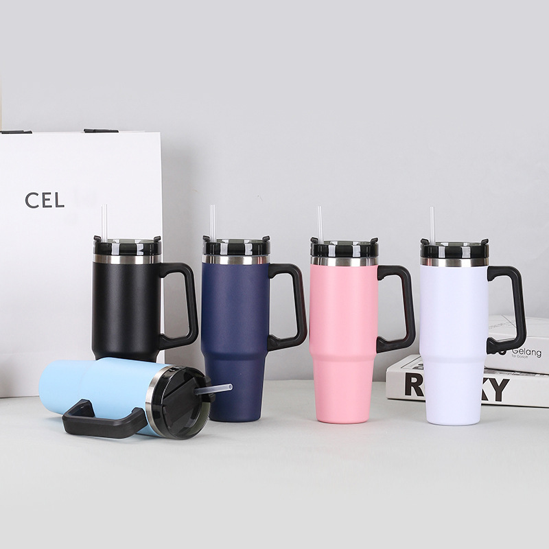 30oz Travel Mug Tumbler With Handle and Straw & Lid, Double Wall Vacuum 304 Stainless Steel Insulated Water Bottle Travel Tumbler