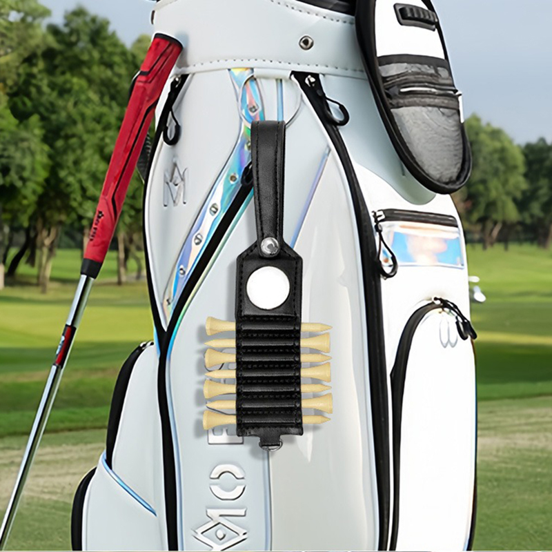 Stylish PU Leather Golf Tee Holder with Magnet Ball Marker - Holds 7 Tees, Features a Strap for Easily Attaching to your Bag.