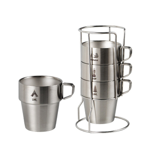Stackable Stainless Steel Coffee Cups, Set of 4 Double Layer Coffee Mugs with Handle and Metal Stand