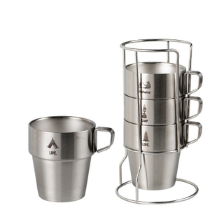 Stackable Stainless Steel Coffee Cups, Set of 4 Double Layer Coffee Mugs with Handle and Metal Stand
