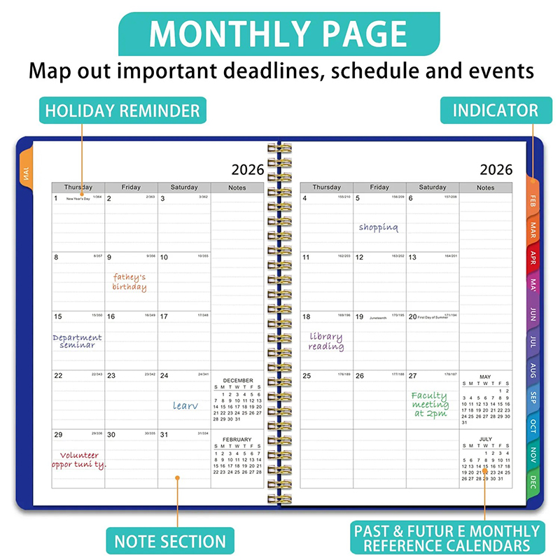 2026 PP Hardcover Weekly & Monthly Spiral Planner Notebook - Two Pages Per Week, Size in 8.5" * 6.5"