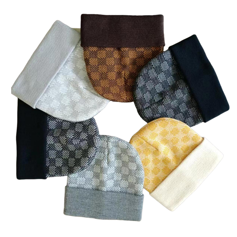 Vintage Plaid Knitted Hat Winter Beanies Windproof Unisex Soft Warm Acrylic Brimless Beanie Hats For Men and Women