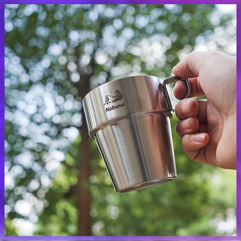 Stackable Stainless Steel Coffee Cups, Set of 4 Double Layer Coffee Mugs with Handle and Metal Stand