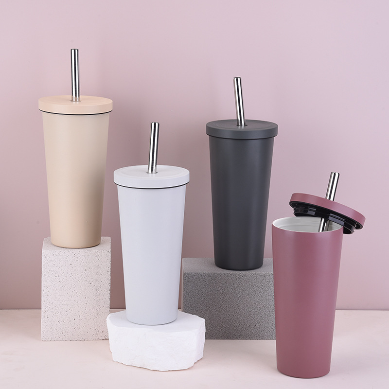 24oz Stainless Steel Insulated Tumbler Ceramic Interior Coating, With Stainless Steel Straw