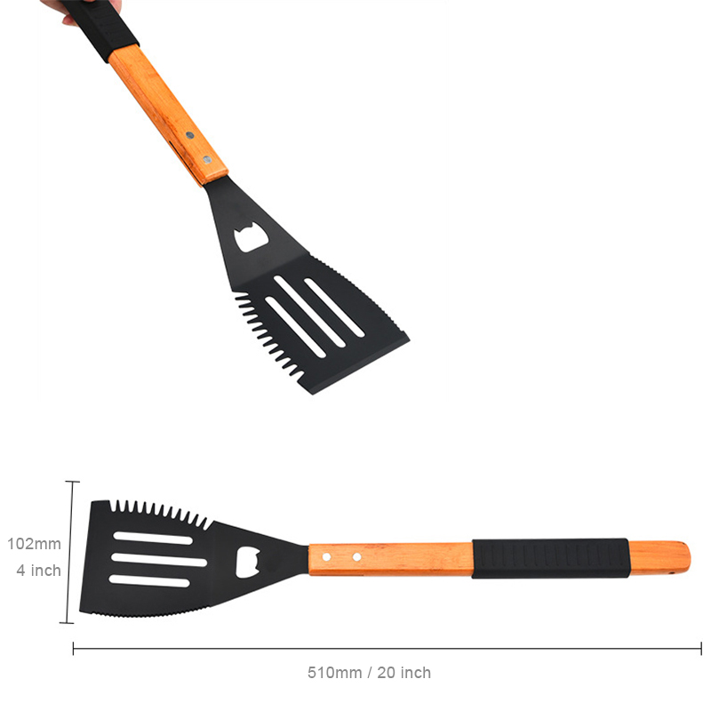 Multifunctional Metal BBQ Spatula With Beer Bottle Opener, Serrated Edge; 20" Long Grilling Tools with Wooden Handle