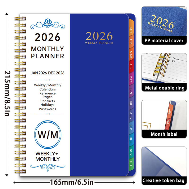 2026 PP Hardcover Weekly & Monthly Spiral Planner Notebook - Two Pages Per Week, Size in 8.5" * 6.5"
