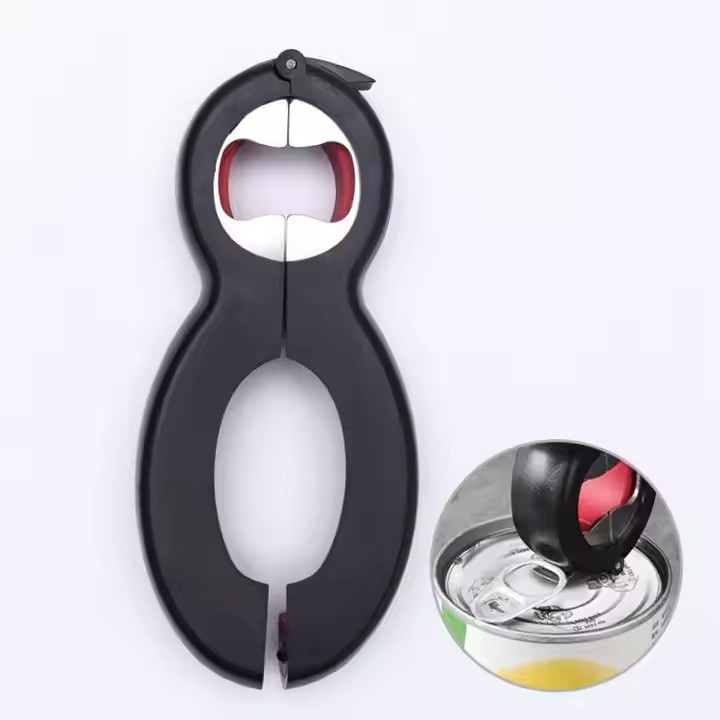 Stainless steel+PP+TRP 8-shaped 6-in-1 opener features a non-slip grip for effortless opening different sizes and types of lids