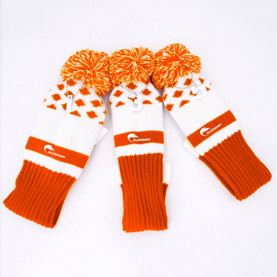 Custom Knit Golf Headcovers Set - #1, #3, #5 - Embroidered Logo, Long-Neck, Double-Layer with Pom Pom