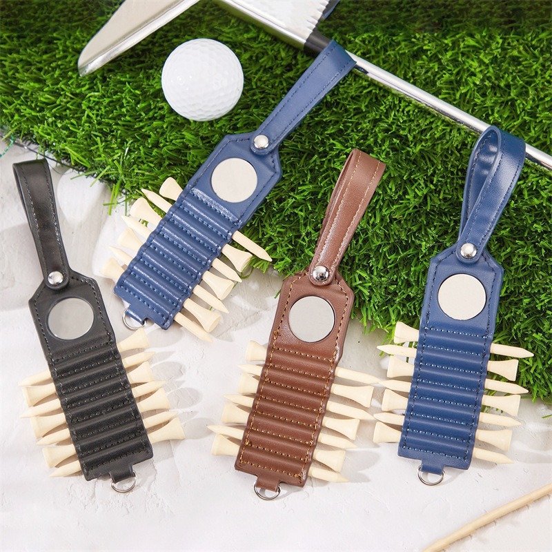 Stylish PU Leather Golf Tee Holder with Magnet Ball Marker - Holds 7 Tees, Features a Strap for Easily Attaching to your Bag.