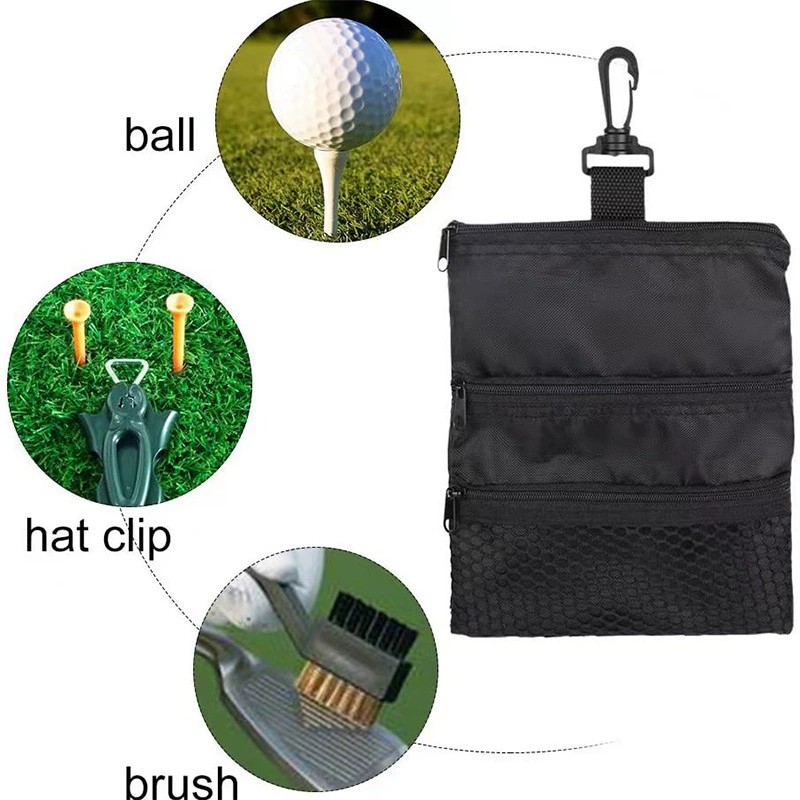 6.3" x 8.6" Portable Nylon Golf Pouch with Multiple Zippered Pockets, and Includes Rotating Hook for Easy Attachment.
