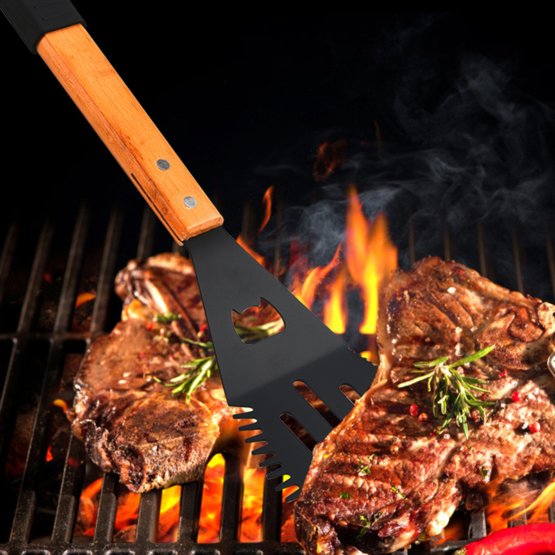 Multifunctional Metal BBQ Spatula With Beer Bottle Opener, Serrated Edge; 20" Long Grilling Tools with Wooden Handle