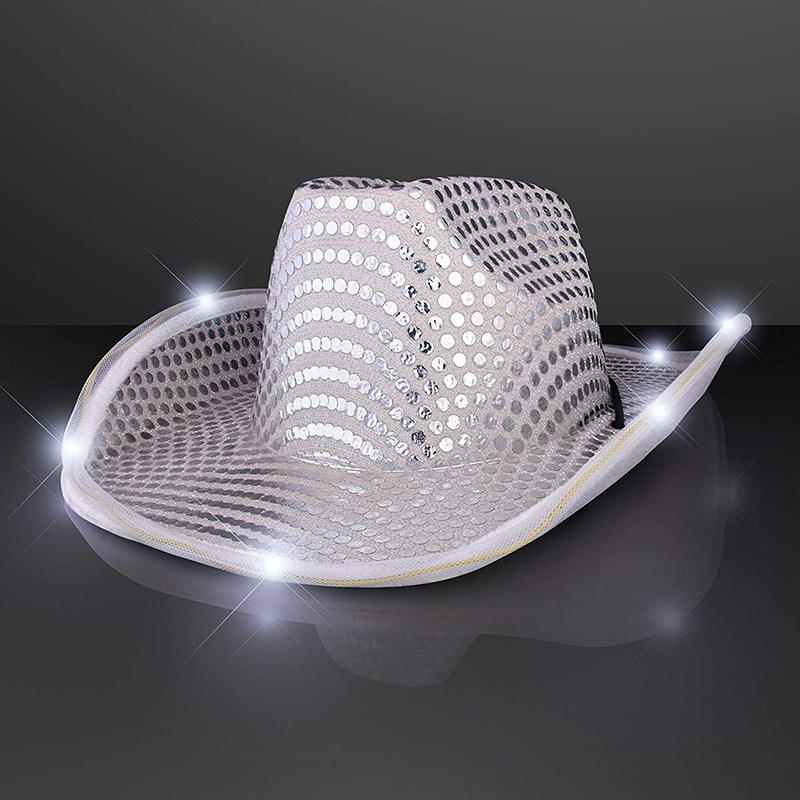 Sequin Cowboy Hat LED Light Up Cowgirl Hat Flashing Blinky Lights Fun Rodeo Party Hats Costume Accessories for Party Costumes