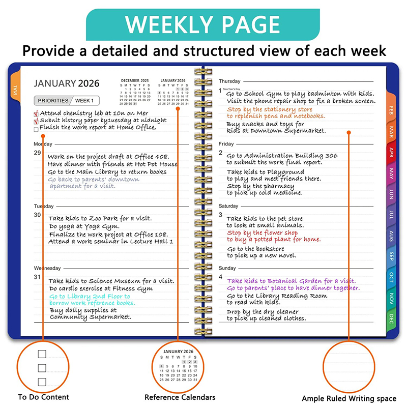 2026 PP Hardcover Weekly & Monthly Spiral Planner Notebook - Two Pages Per Week, Size in 8.5" * 6.5"