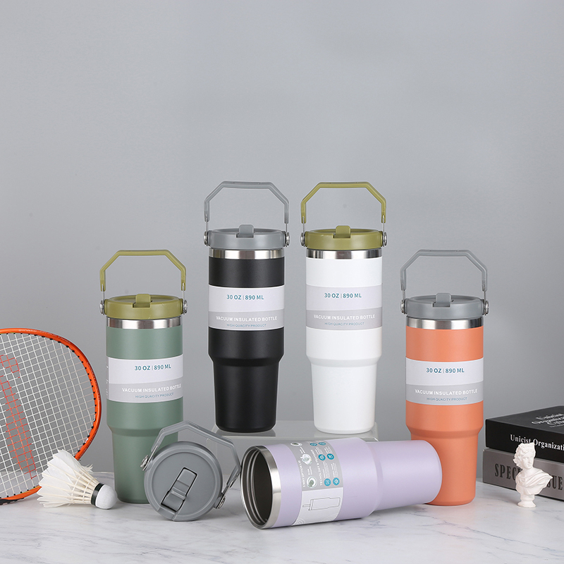 30oz 304 Stainless Steel Tumbler with Flip Straw & Handle, Double Walled Insulated Large Travel Mug for Home, Office, Car, Travel