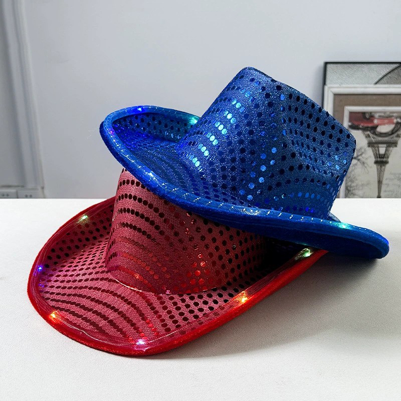 Sequin Cowboy Hat LED Light Up Cowgirl Hat Flashing Blinky Lights Fun Rodeo Party Hats Costume Accessories for Party Costumes