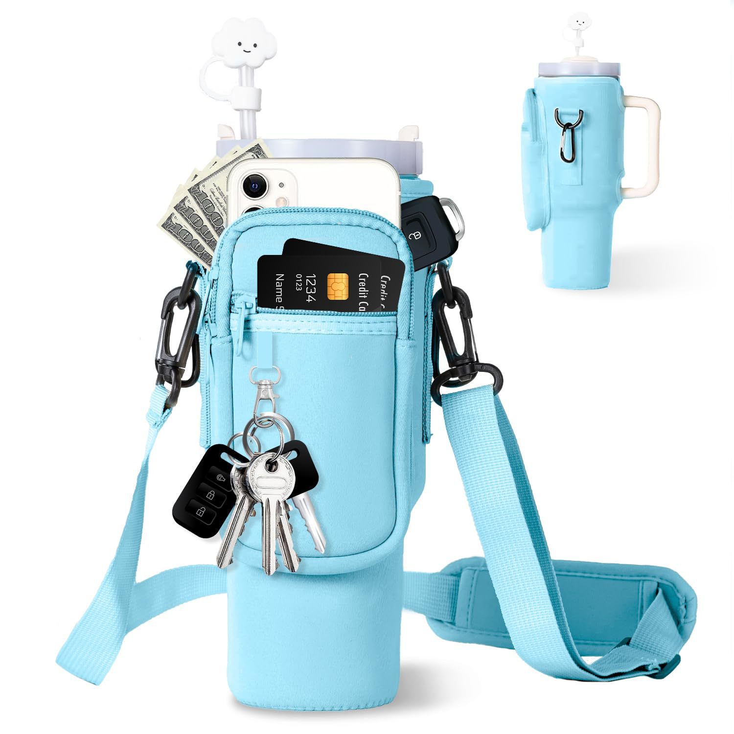 Water Bottle Carrier Bag with Pouch Pocket for Cup 40 Oz Tumbler Neoprene Cup Carrier Holder with Adjustable Strap Carabiner