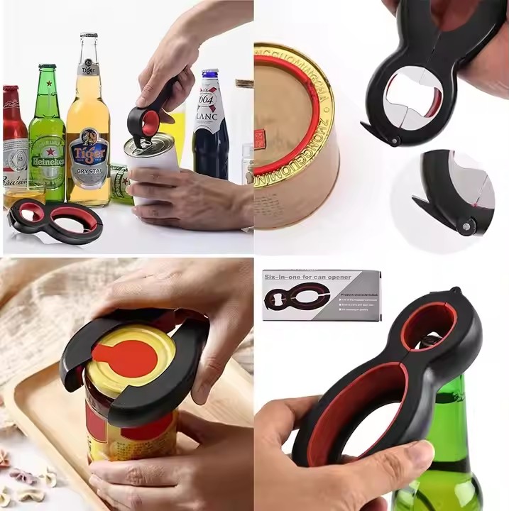 Stainless steel+PP+TRP 8-shaped 6-in-1 opener features a non-slip grip for effortless opening different sizes and types of lids