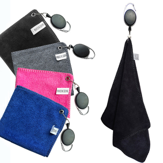 Soft Cotton Square Golf Towel With Stretchable Badge Reel for Easy Access