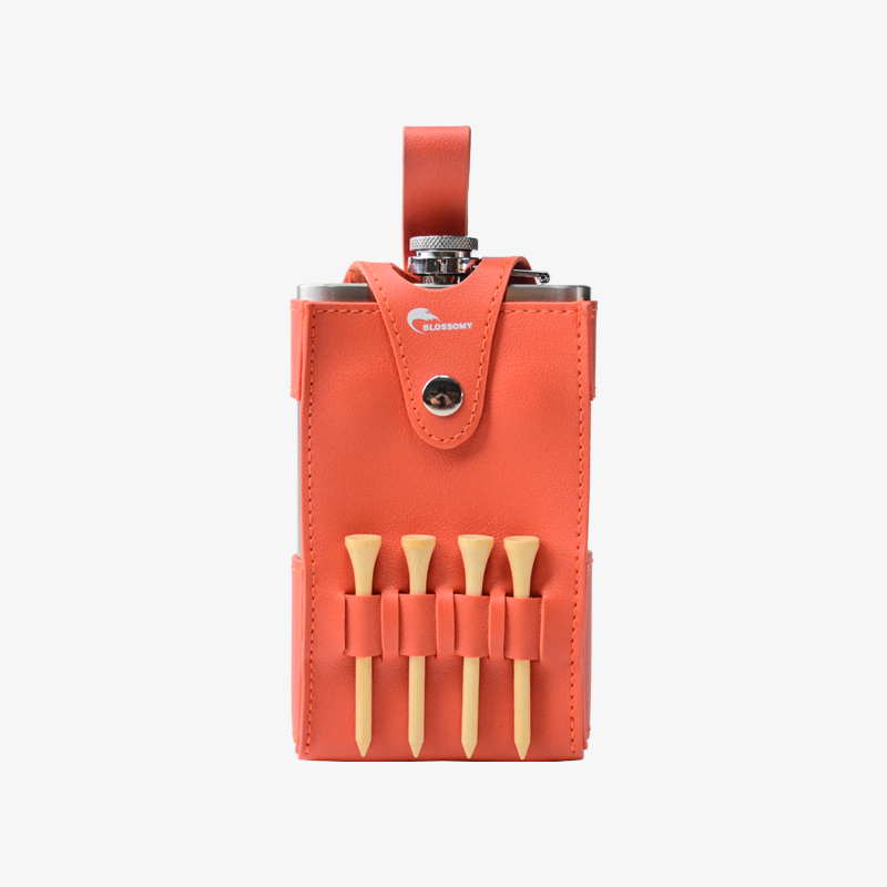 PU leather flask sleeve (6.3" x 3.9") with 4 golf tee slots and a strap. Suitable for 10oz Hip Flask