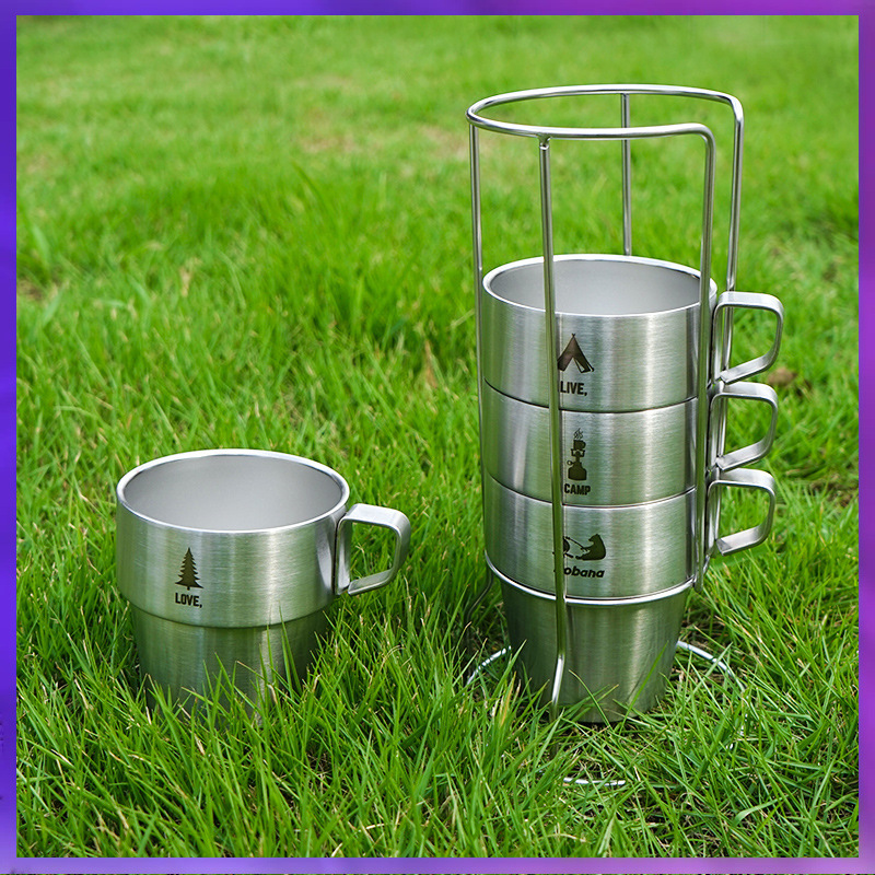 Stackable Stainless Steel Coffee Cups, Set of 4 Double Layer Coffee Mugs with Handle and Metal Stand