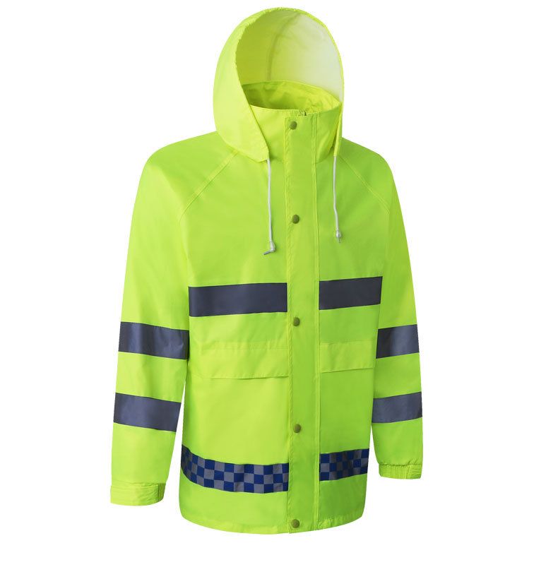 Safety Rain Jacket Waterproof Reflective High Visibility with Detachable Hood and Interior Mesh