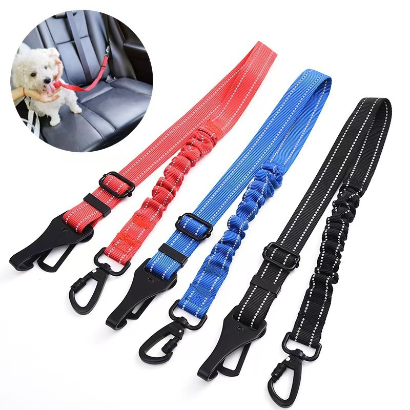 Adjustable Dog Seat Belt 3-in-1 Car Harness for Safety Seatbelt Nylon Reflective Bungee Fabric Tether with Clip Hook Latch Buckle