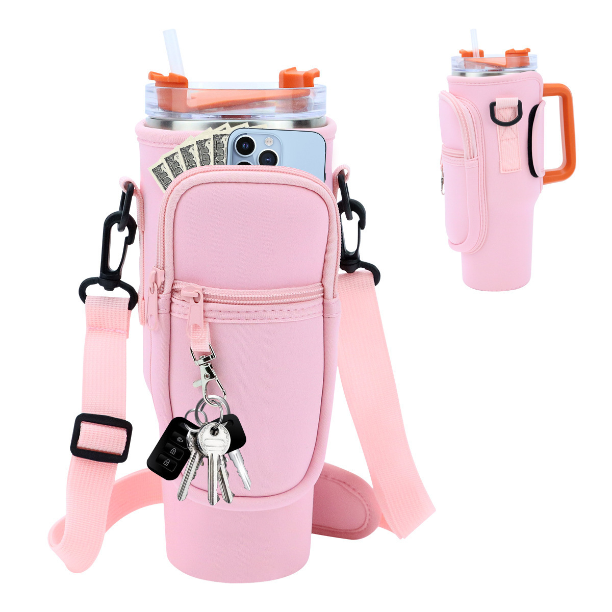 Water Bottle Carrier Bag with Pouch Pocket for Cup 40 Oz Tumbler Neoprene Cup Carrier Holder with Adjustable Strap Carabiner