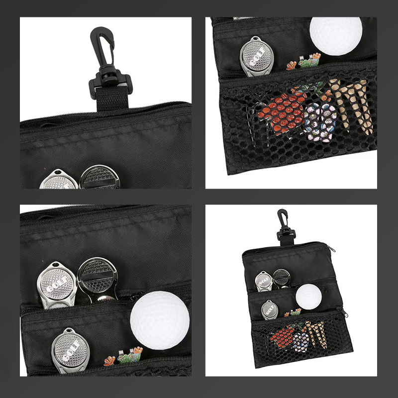 6.3" x 8.6" Portable Nylon Golf Pouch with Multiple Zippered Pockets, and Includes Rotating Hook for Easy Attachment.