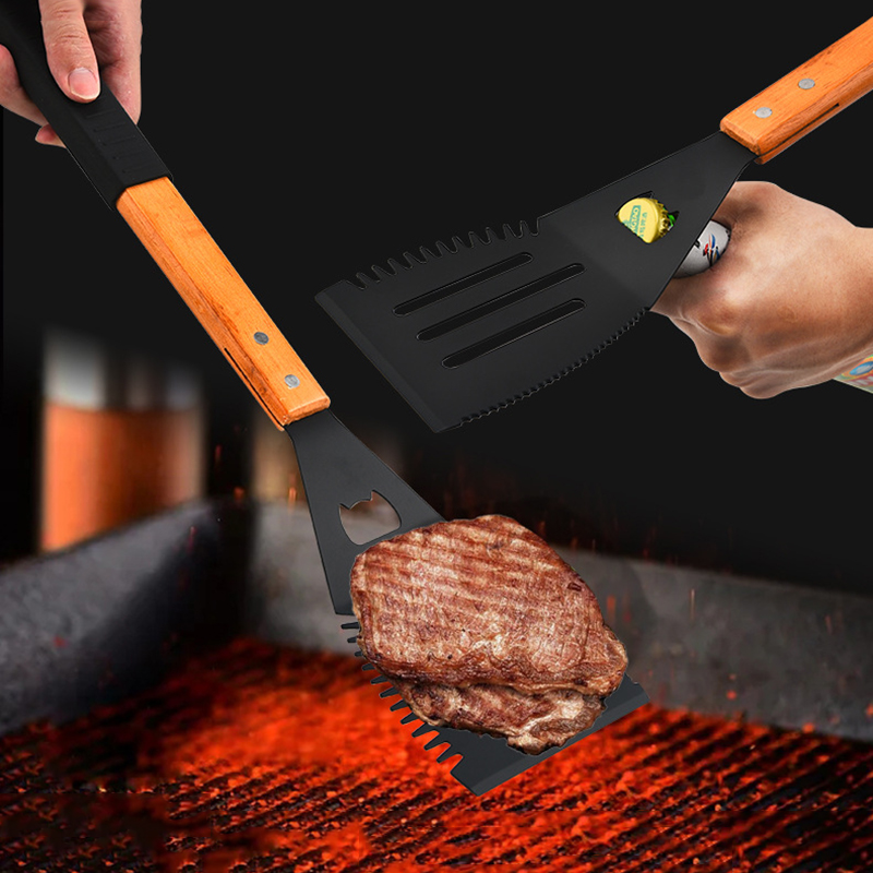Multifunctional Metal BBQ Spatula With Beer Bottle Opener, Serrated Edge; 20" Long Grilling Tools with Wooden Handle
