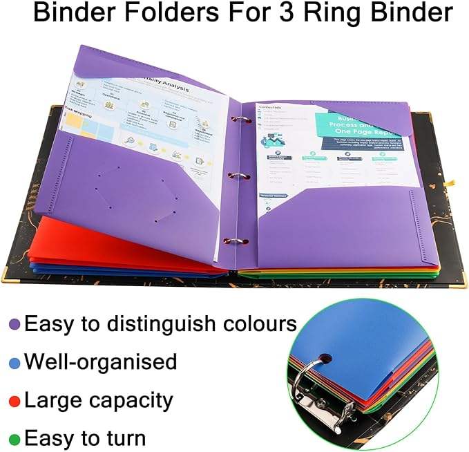 Plastic File Folders With Two Pockets and Business Slot for Letter Size A4 Documents Folders, Suitable for standard 3 Ring Binder