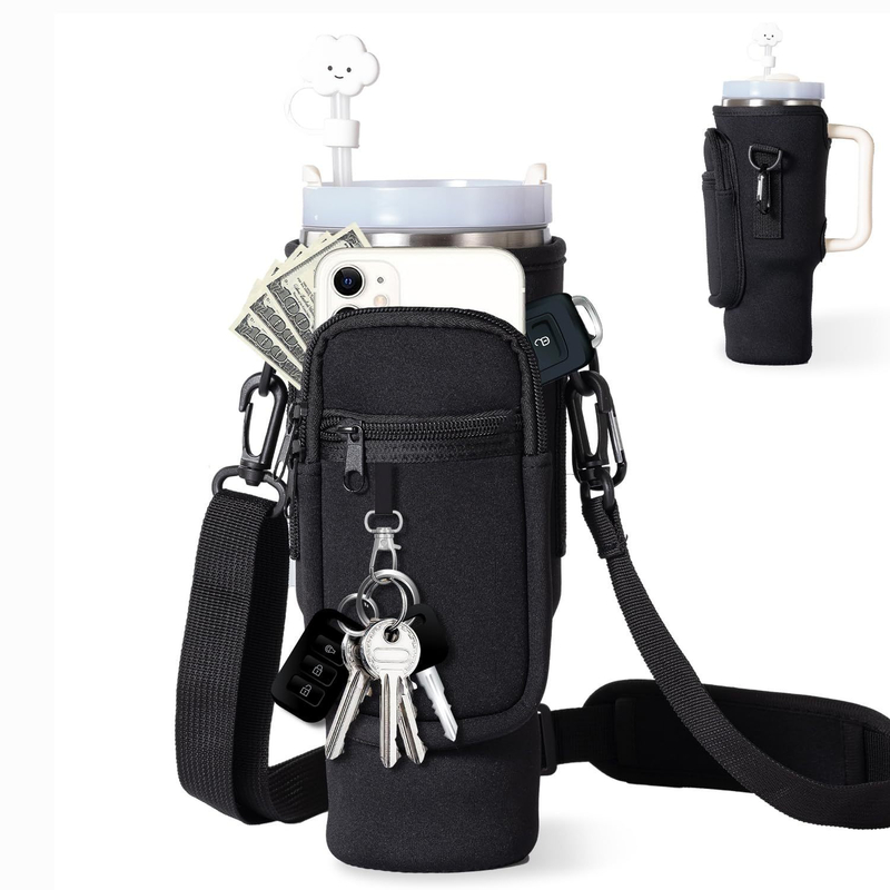 Water Bottle Carrier Bag with Pouch Pocket for Cup 40 Oz Tumbler Neoprene Cup Carrier Holder with Adjustable Strap Carabiner