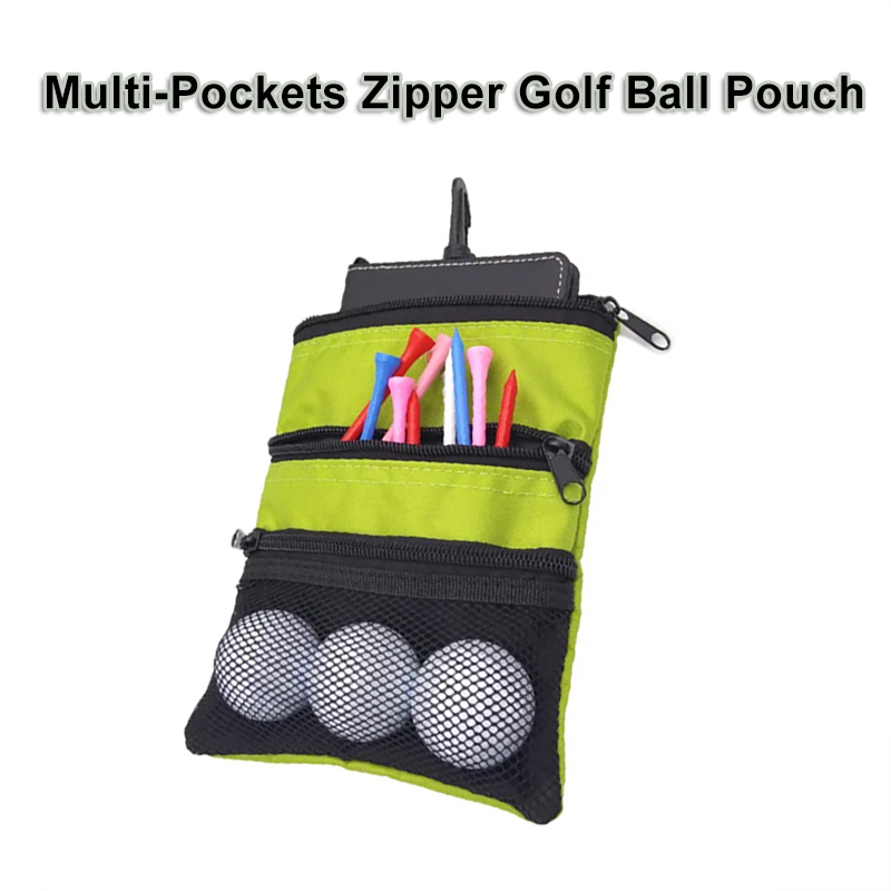 6.3" x 8.6" Portable Nylon Golf Pouch with Multiple Zippered Pockets, and Includes Rotating Hook for Easy Attachment.