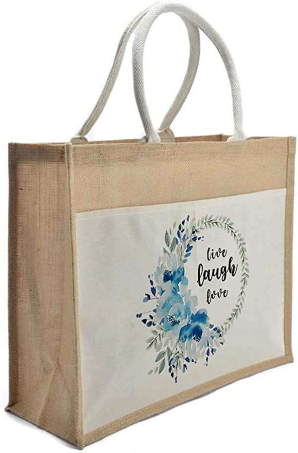Large Jute Burlap Tote Shopping Grocery Bag with Front Canvas Pocket