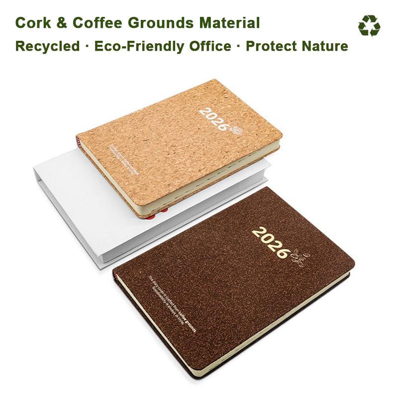 2026 Eco-Friendly Daily Planner Notebook with Cork & Coffee Grounds Cover, Sustainable A5 Agenda Journal Size 5.7" x 8.3"